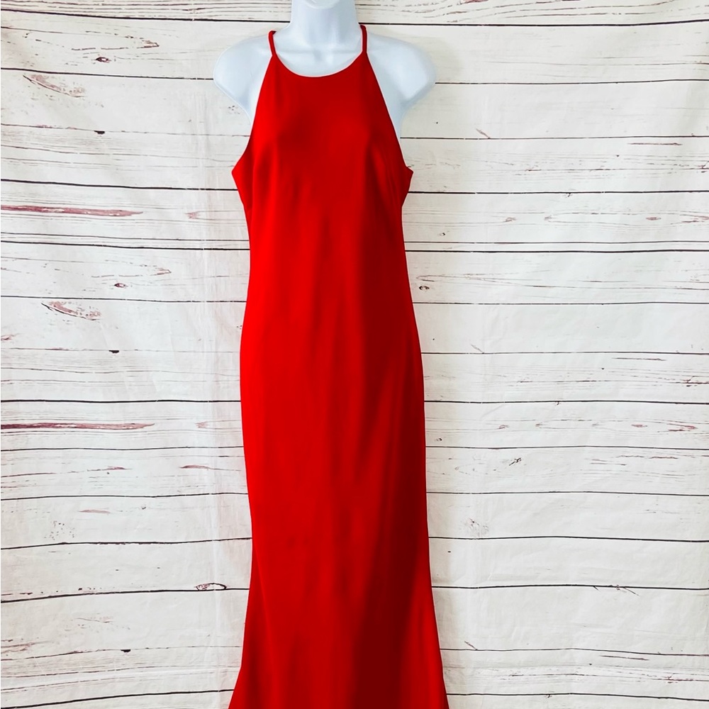 Calvin Klein Dress Women’s 8 Red Gown High Neck Sleeveless Elegant Length 66”